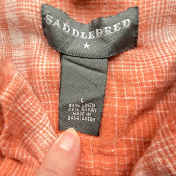 Saddlebred Shirt Men's Large Orange Plaid Washable Linen Button-Up Beach Summer - Picture 3 of 8